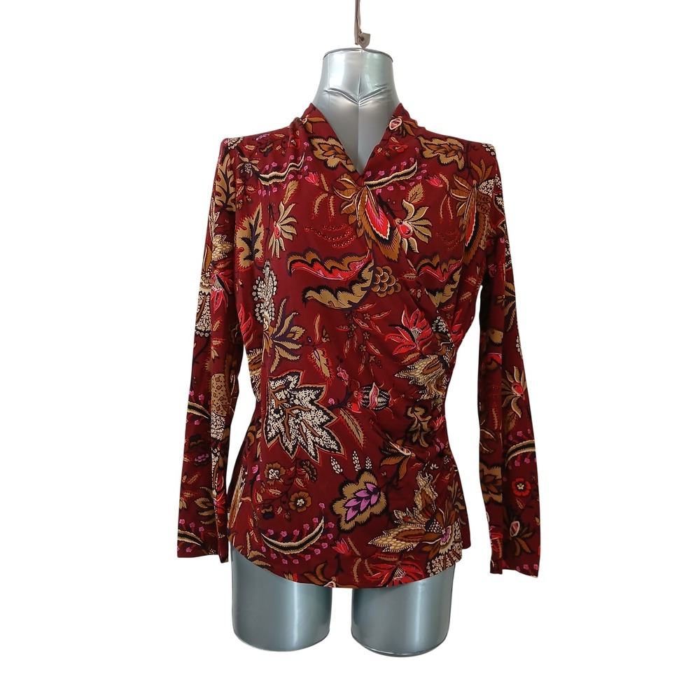 Talbots Knit Blouse Red Floral Faux Wrap Long Sleeve Top Burgundy Autumn Modest
